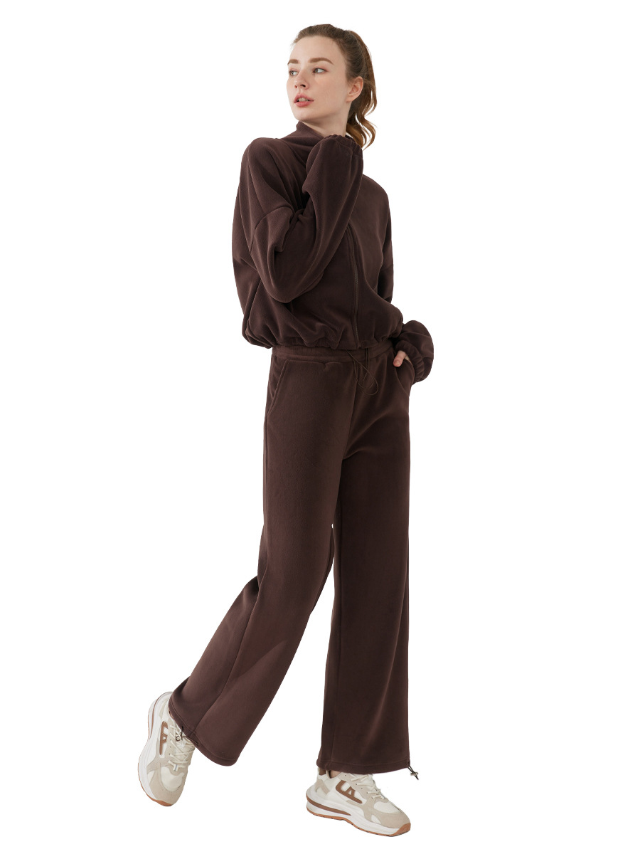 Suéter de cuello alto con cremallera de lana para mujer conjunto de dos piezas Otoño e Invierno engrosado cálido deportes Top pantalones traje casual