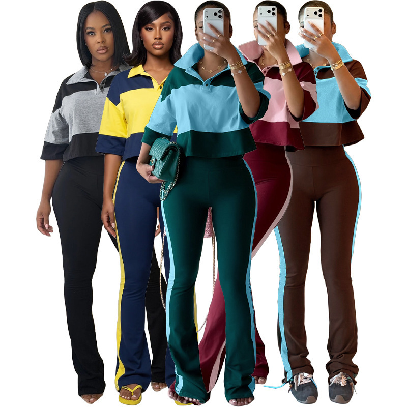 HR26036 European and American fashion women's two-piece set: color-blocked Polo shirt with buttons and short sleeves, and striped flared pants HR26036 European and American fashion women's two-piece set: color-blocked Polo shirt with buttons and short sleeves, and striped flared pants