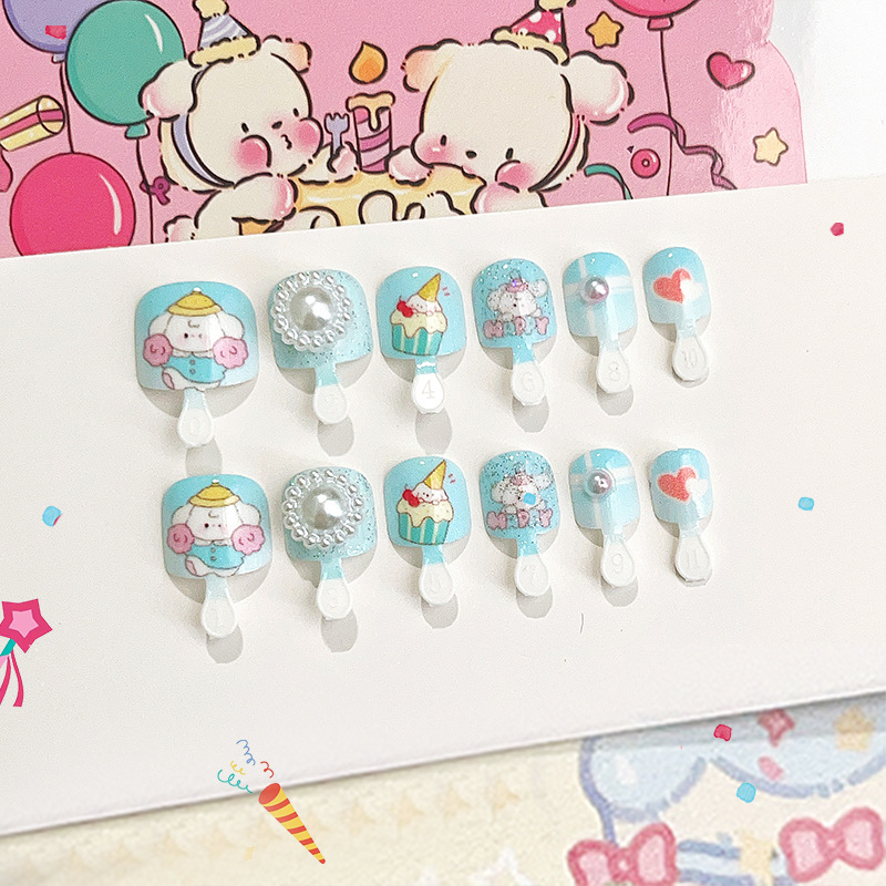 Nuevos accesorios de manicuría para niños que usan banda de uñas, parches de uñas de dibujos animados, productos terminados de uñas dulces, 12 piezas