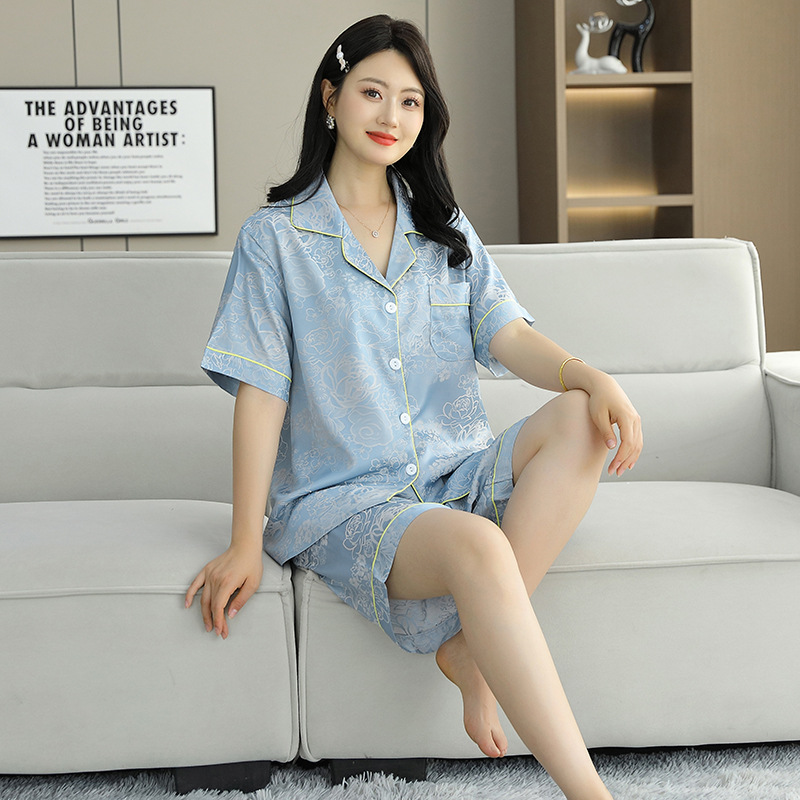 라이트 블루 피치 블라썸 자카드(반소매 반바지)