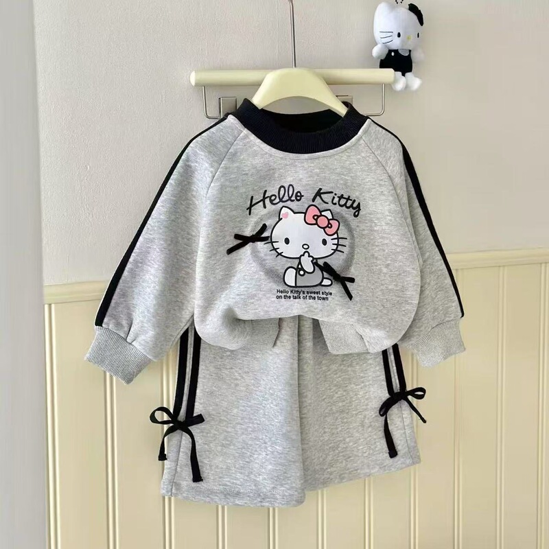 Girls Spring Sweatshirt Suit Baby Girl Spring and Autum Kt Cat Long-Sleeved Bow Pants Kidsren's Two-Piece Kidsren's Clothing Set