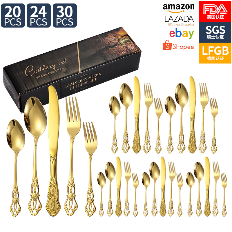 Amazon corte imperial cubiertos de acero inoxidable cuchillo y tenedor cucharas 20 / 24 / 30 piezas conjunto retro relieve cuchillo y tenedor de filete occidental