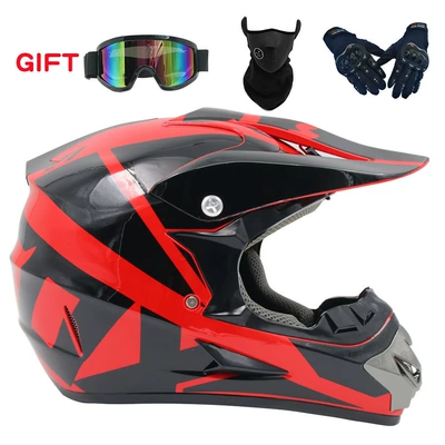 Motosiklet kaskı (dəbilqə) — Off-road mountain motorcycle helmet Four - red-and-black-21-goggles-mask-black-gloves-s