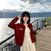 韩系甜美蝴蝶结外套多巴胺色系圆领针织开衫时髦设计感上衣秋毛衣