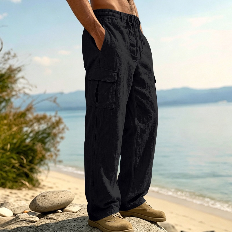 KOOSSOASIS Men's Summer Linen Overalls Loose Breathable Casual Pants Cotton And Linen Beach Pants_viptrois.com