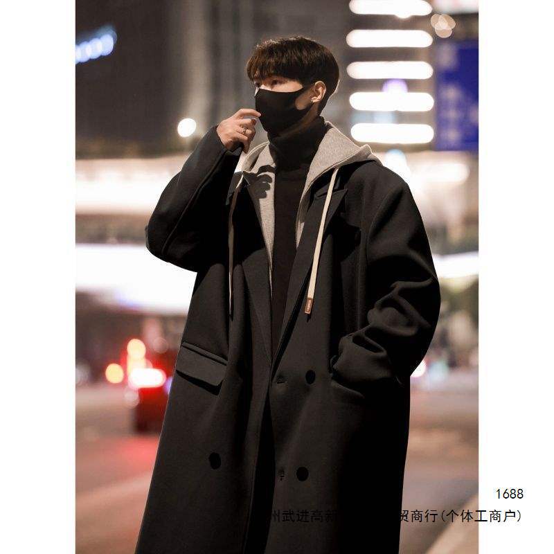 Men's wool overcoat, spring, autumn and winter, Korean style, trendy and cool, faux two-piece, mid-length, over-the-knee wool trench coat.