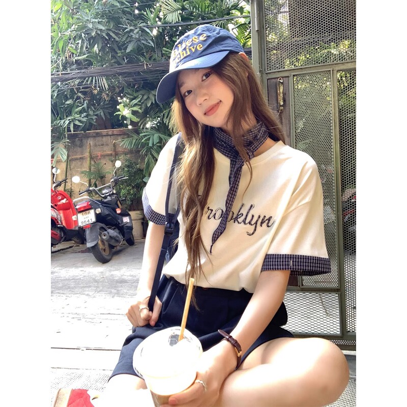 韓国スタイルのレイジースタイル刺繍文字純綿半袖Tシャツ女性用2025年夏新作イン超人気年齢軽減学生トップス|undefined