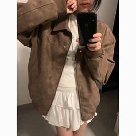 美式皮衣外套女春秋季复古高街翻领百搭学生宽松情侣夹克棒球服潮