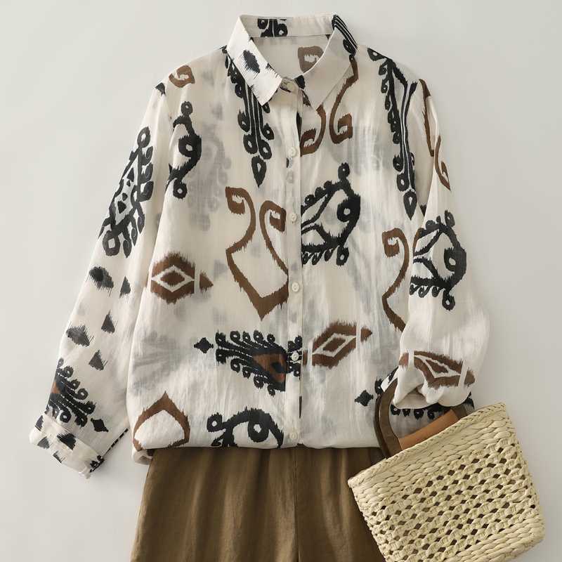 2026 Spring Vintage Casual Style Printed Cotton Linen Loose Fit Plus Size Versatile Long Sleeve Shirt for Women