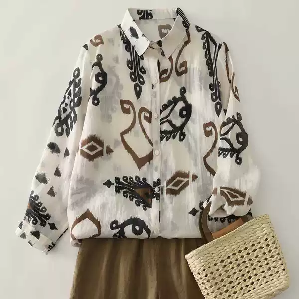 2026 Spring Vintage Casual Style Printed Cotton Linen Loose Fit Plus Size Versatile Long Sleeve Shirt for Women