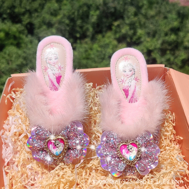 Пушистые тапочки для девочек, детские пушистые тапочки для улицы, хлопковые тапочки 2023 года, милые детские тапочки с Эльзой для малышей