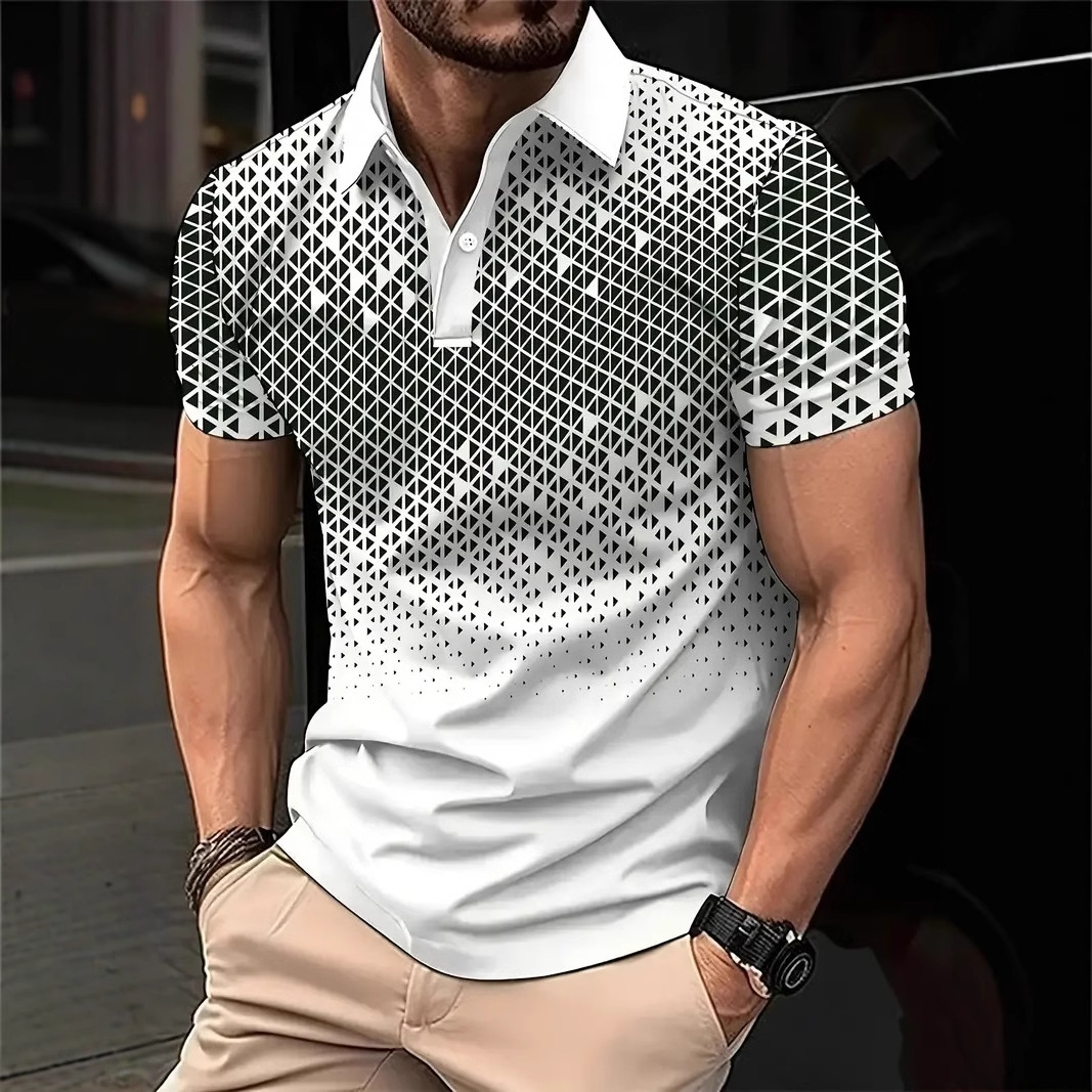 Simplicidad geométrica apilada impresión 3D malla de hombre transpirable de manga larga suelta chaqueta de polo camisa POLO de todo fósforo