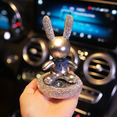 Diamond-encrusted car perfume seat car accessories high-end car aromatherapy diamond-encrusted cute rabbit car decoration center console (Perfplant seat) - silver-diamond-bunny