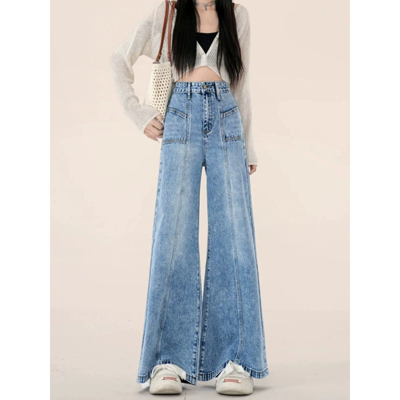 Светло-голубой сшитый срезанный джинсы женский синий прямой трубочки для стирки свободных широких ног микро-брюки