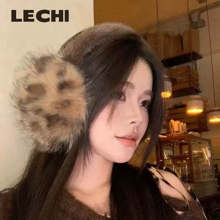 豹纹耳罩女冬季高级可折叠加厚保暖ins长貂毛毛绒耳罩护耳捂耳暖