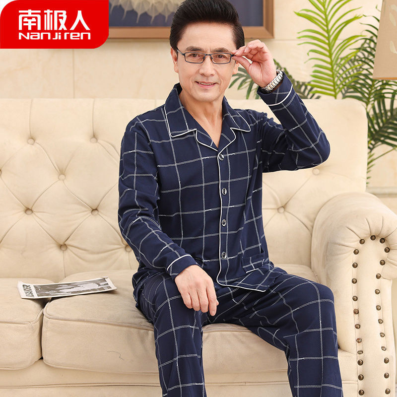 Pijamas de hombre primavera y otoño de mediana edad 100% algodón de manga larga de mediana edad y anciano papá más tamaño traje de homewear