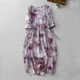 韩版碎花连衣裙2025年新款胖mm大码女装棉麻复古夏天