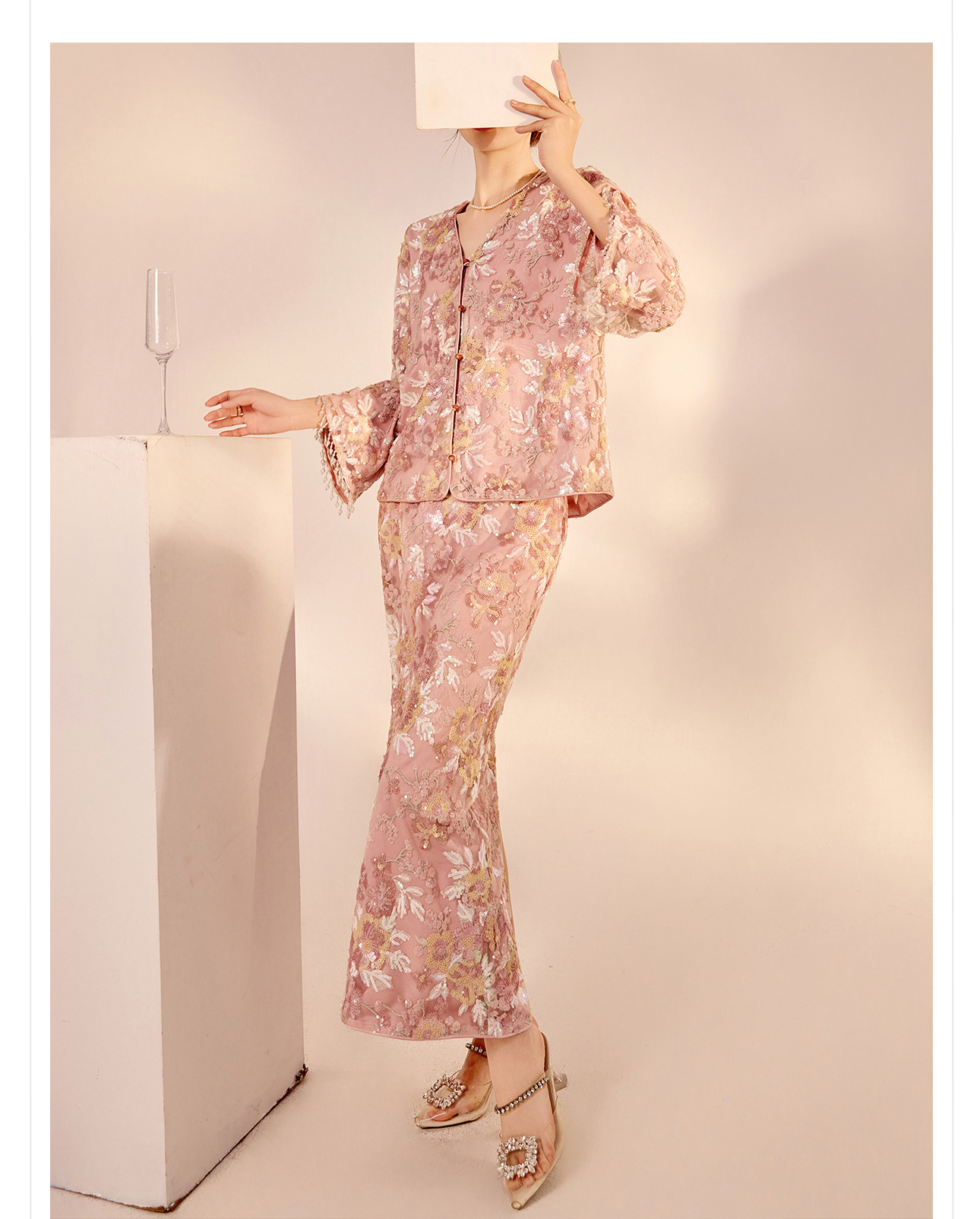 Set áo khoác và chân váy nữ phong cách Tân Trung Hoa thêu sequin cao cấp N2064 — Váy nửa, Áo khoác chi tiết 3