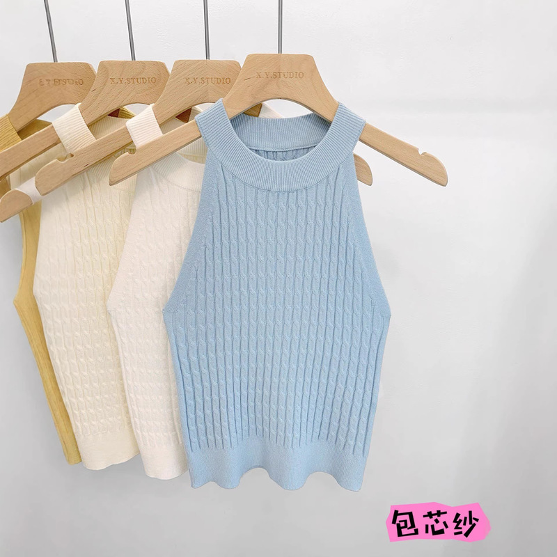 White Halter Neck Cable Knit Camisole for Women, New Summer Style, Slim Fit, Sleeveless Top for Outerwear or Layering