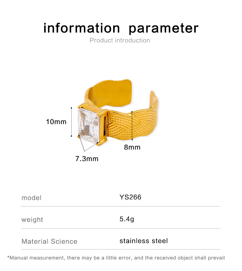 Fashion Square Stainless Steel Plating Zircon Open Ring