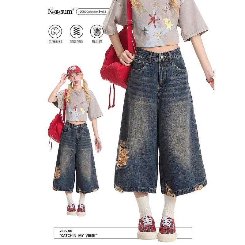 American Style Vintage Washed Old Ripped Denim Pants for Men and Women High Street Ripped Scrusted Loose Straight Cropped Pants for Women