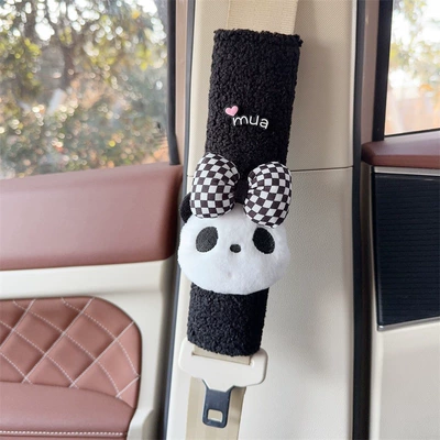 Seat Belt Protective Covers, Seat belt shoulder pad - black-plush-shoulder-pad-panda-black-and-white-bow