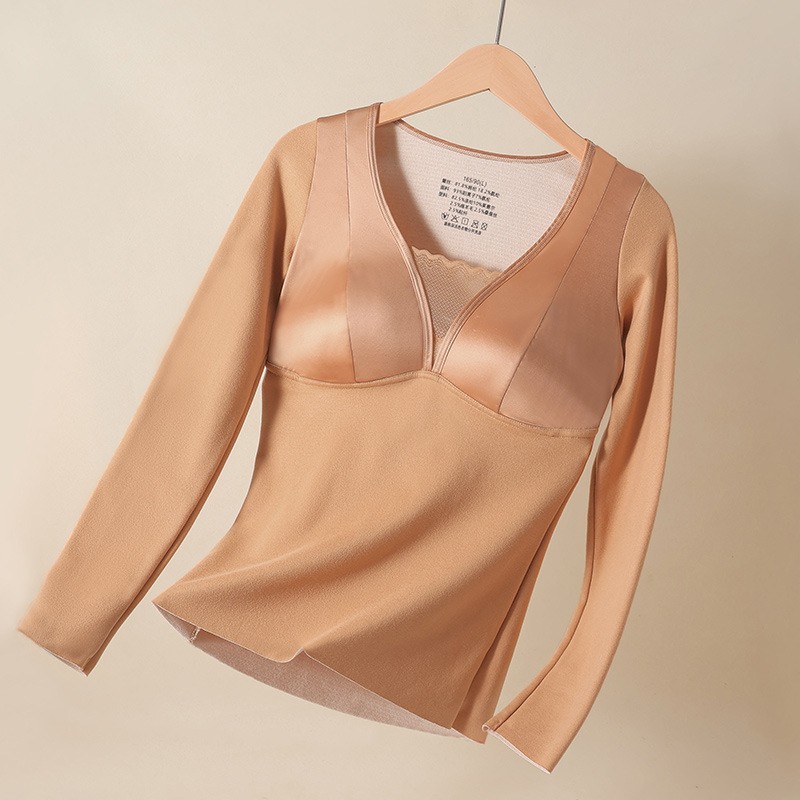 Otoño y invierno satin lana seda cálida mangas largas ropa interior molida damas con almohadilla de pecho para proteger el estómago de la camiseta delgada camiseta superior