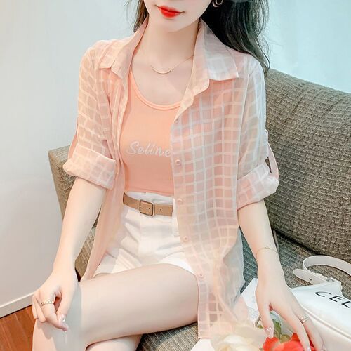 Women's Summer 2025 Loose Thin Breathable Casual Long-Sleeve Checkered Medium-Length Open Cardigan for Outerwear