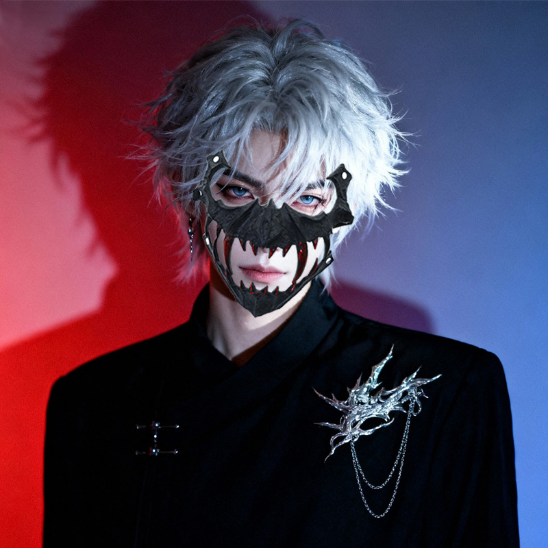 fiesta máscara de esqueleto dientes largos demonio esqueleto mitad cara máscara de lobo detrás máscara gigante disfraz de Halloween