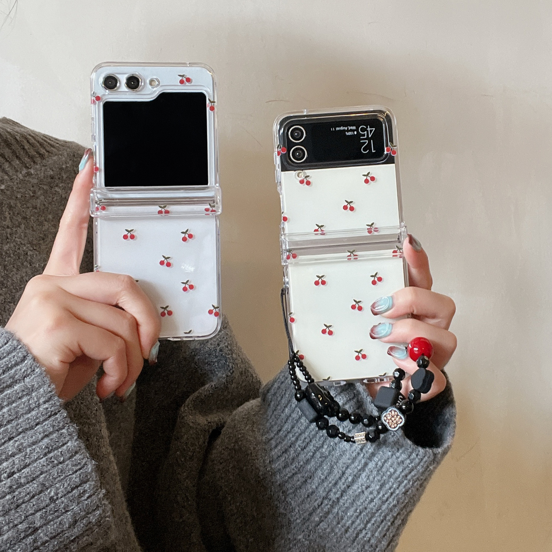 Korean style full screen cherry for galaxy zflip3/4 phone case Samsung 5 generation folding protective case bracelet_voghion.com