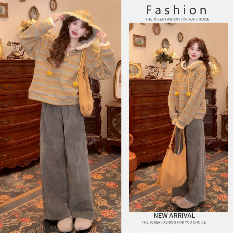 Winter Chic and Beautiful Outfits for Women, Korean Style Retro Niche Hooded Sweatshirts, Western Style Casual Wide-Leg Pants Two-Piece Suit