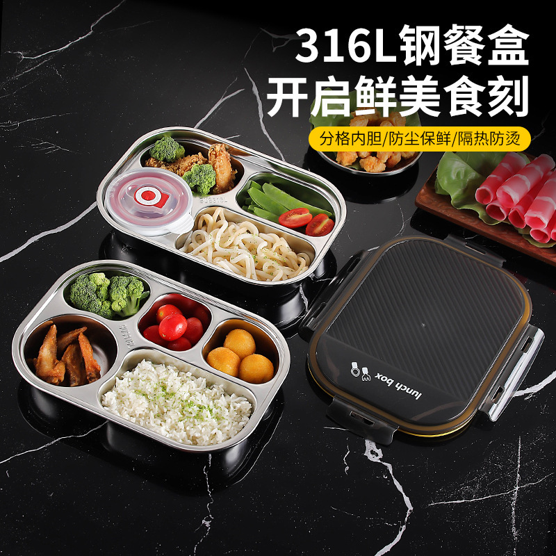 316ステンレス製の弁当箱のサラリーマンは食事を持っています。|undefined