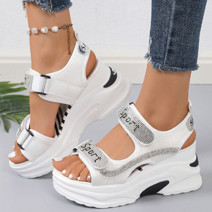 Thick-soled sandals women's 2025 foreign trade plus size summer new rhinestone hook and loop leisure sports style muffin sandals