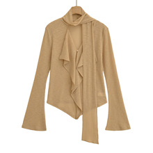 设计感小众飘带长袖T恤女法式韩系修身打底衫荷叶边显瘦洋气上衣