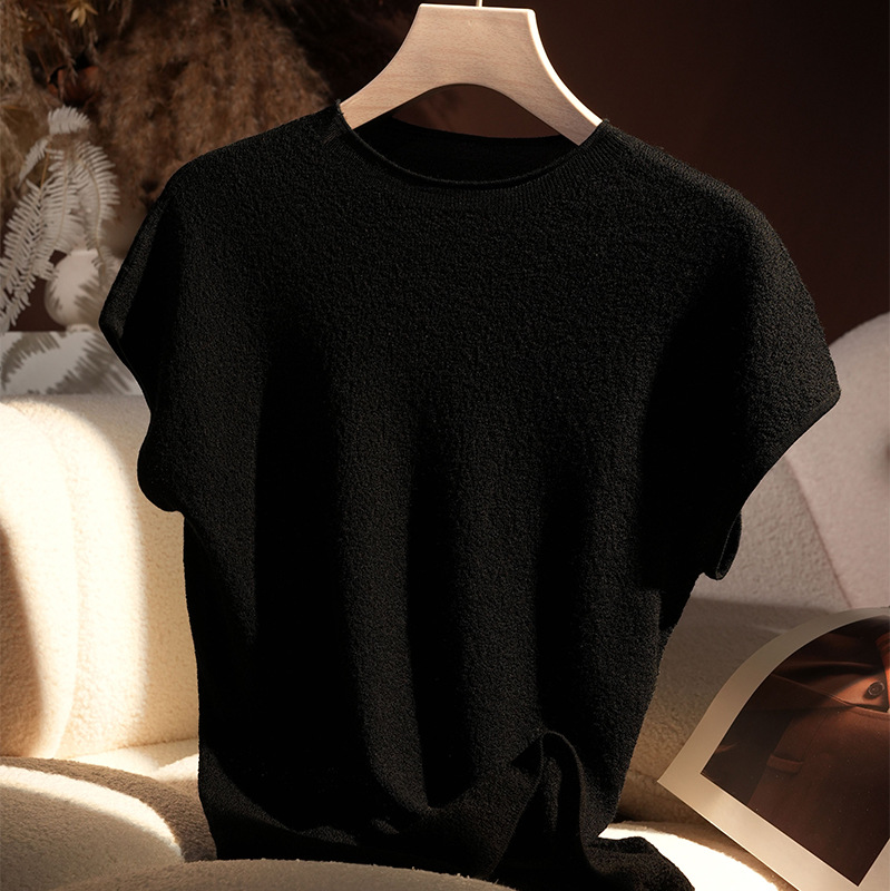 Seamless Three-Acetate + Wool Blend Knit Sweater for Women with a Dreamy Texture and Small Flutter Sleeves, Thin Base Shirt