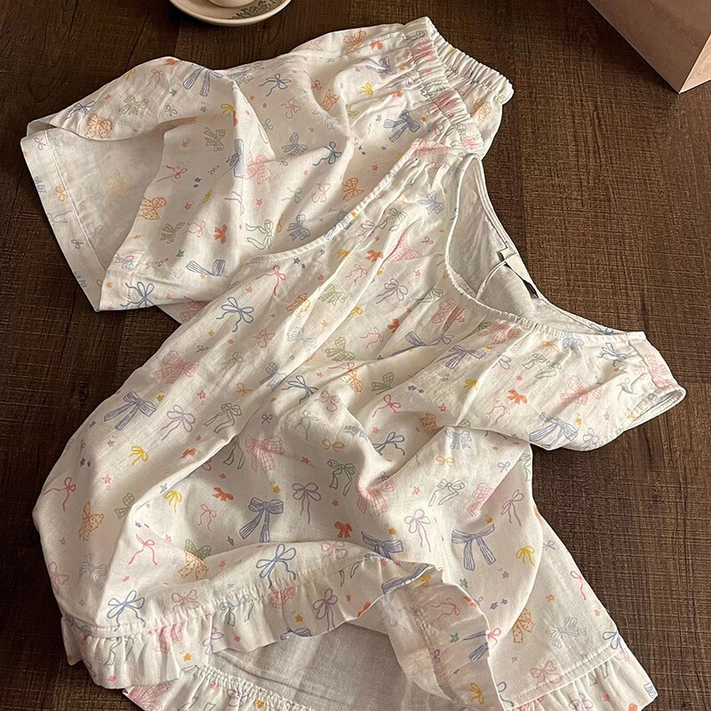 Korean Style Large Size Colorful Bow Print Sleeveless Pajamas for Women Summer 2025 New Cute Shorts Set Home Wear