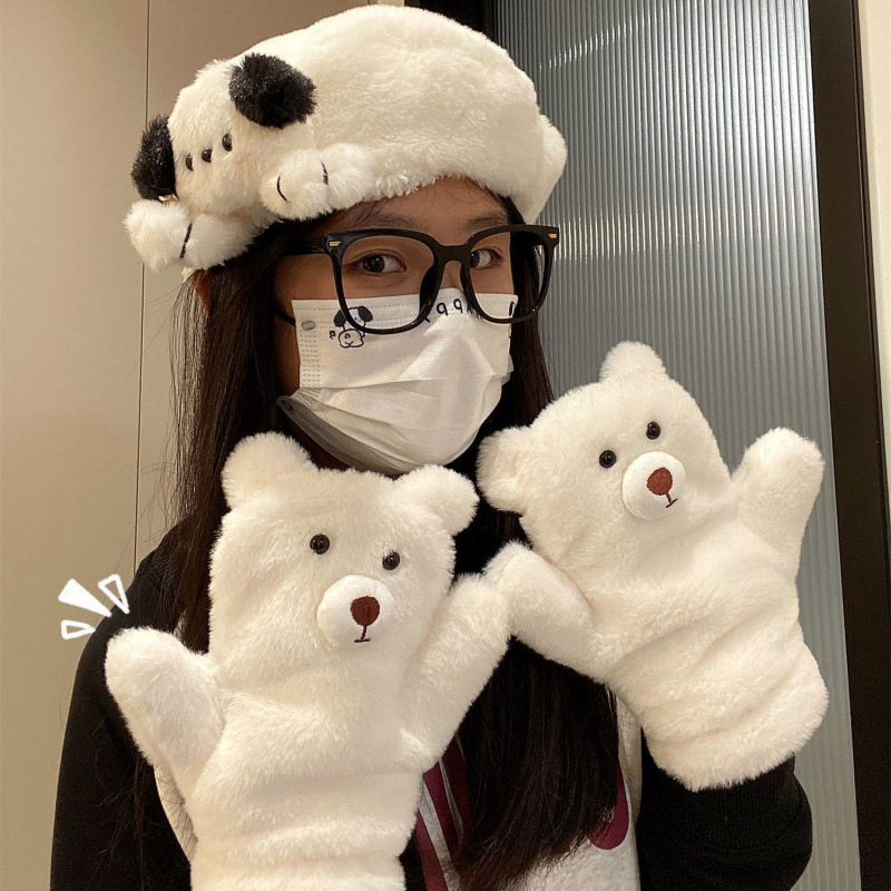 겨울 목을 타고 커플 장갑 코튼 소녀 곰 두꺼운 봉제 플러스 벨벳 장갑 따뜻한 겨울 귀여운