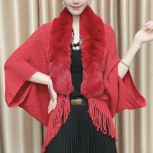 New Foreign-style Fur Collar Thickened Loose Knitted Tassel Autumn and Winter Shawl Warm Cardigan Coat Cheongsam All-match