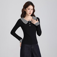 实拍 韩系条纹娃娃领内搭打底衫长袖T恤女2025秋冬显瘦巨好看上衣