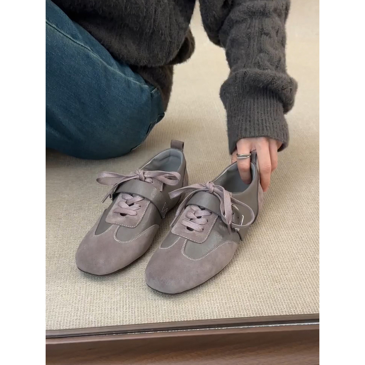 Versión de piel de vaca ~ Calzado deportivo retro empalme con cordones zapatos de entrenamiento alemán hebilla de cinturón de mujer zapatos Forrest Gump planos zapatos casuales de todo fósforo