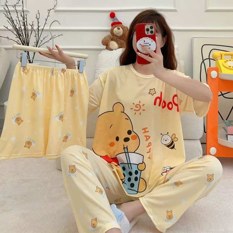 Pijamas de verano transfronterizos pijamas de leche de seda de tres piezas set de dibujos animados comercio exterior ropa para el hogar pantalones de mangas cortas lindos