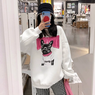 2026秋季新款宽松韩版中长款卡通小狗圆领网红同款卫衣女