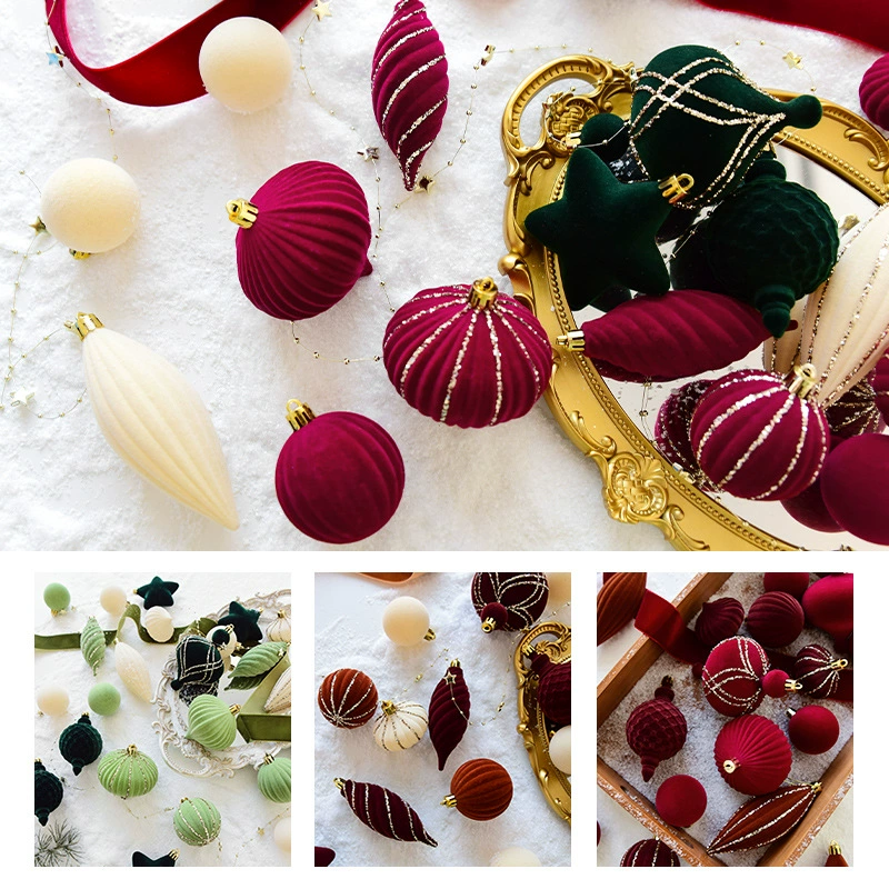 Christmas tree ornaments (NUCHI), flocked velvet & painted baubles, 24‑piece assorted set
