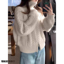 秋冬三股加厚100羊毛衫女双拉链针织开衫宽松毛衣外套上衣麻花