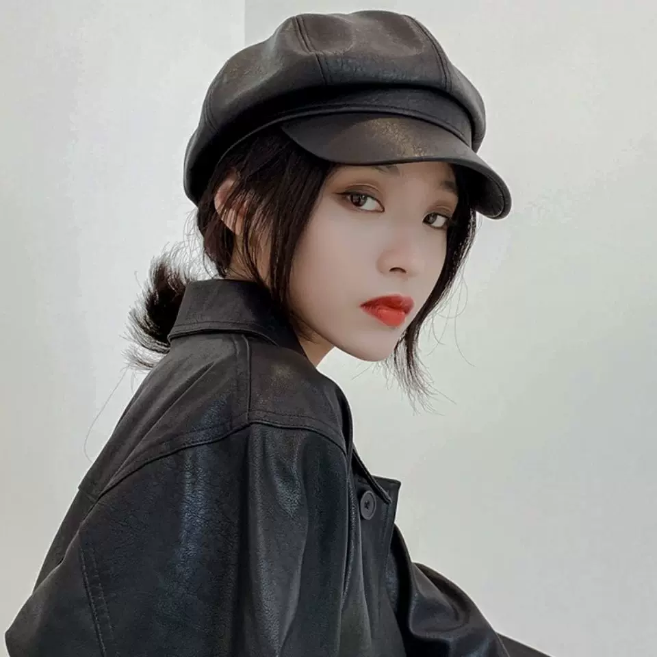 帽子女PU皮质八角帽子秋冬新款复古英伦时尚百搭日系贝雷帽皮帽子