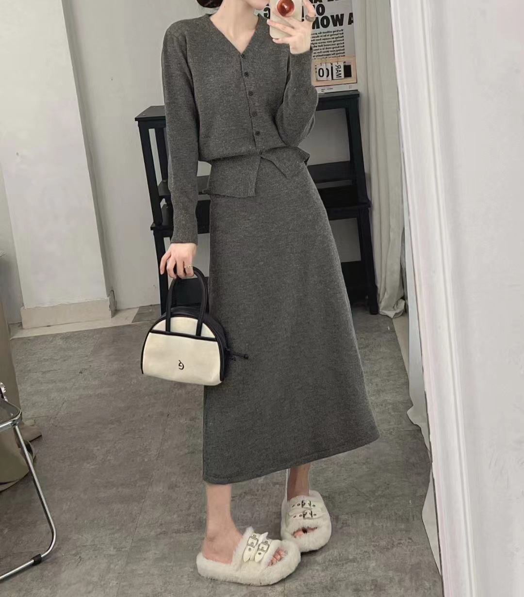 Temperamento piccolo profumo stile due pezzi donna primavera e autunno scollo a V cardigan lavorato a maglia linea A metà corpo lungo_voghion.com