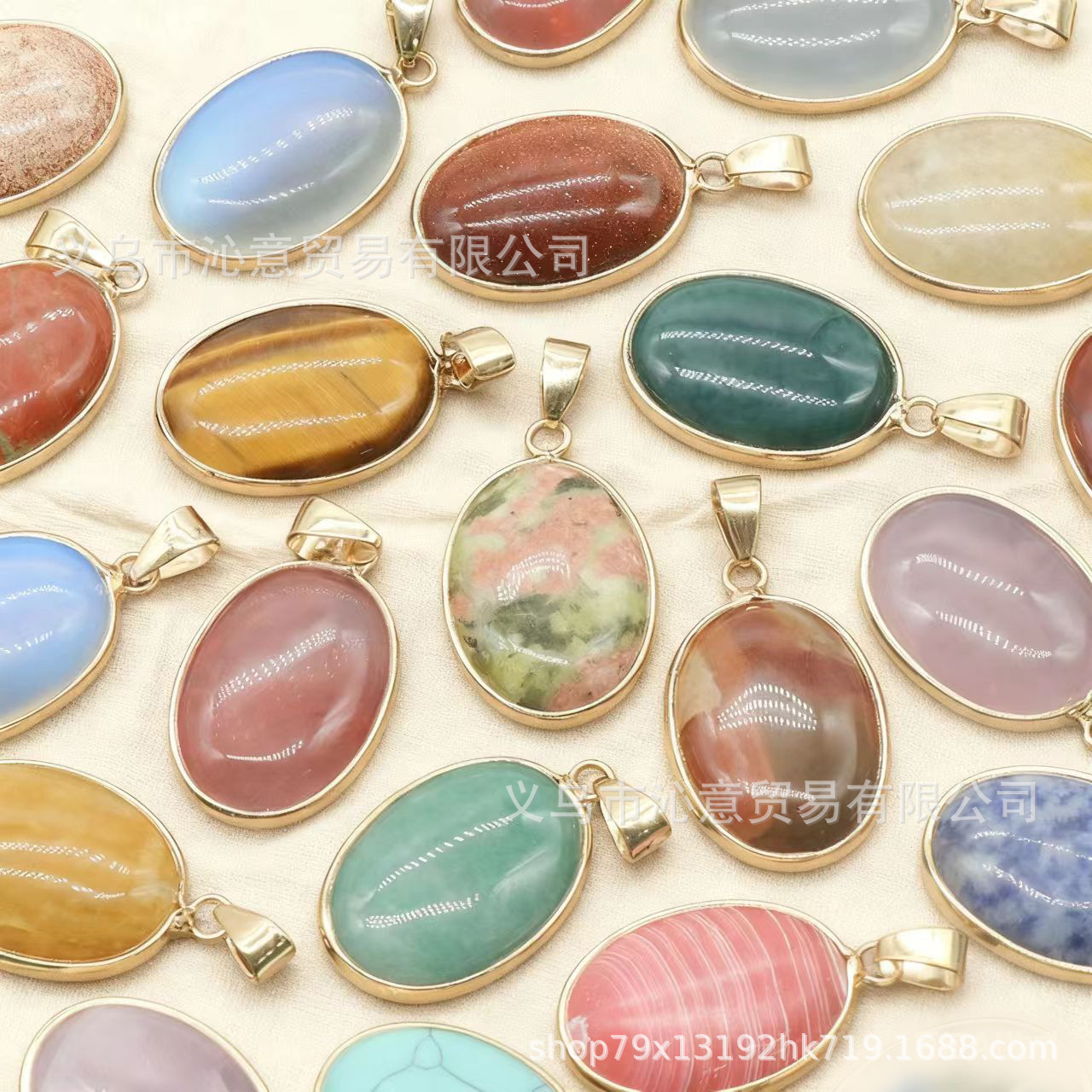 Cross-Border Hot-Selling Oval Gold-Edged Trendy Pendant Necklace Natural Stone Crystal Agate Stone European and American Fashion