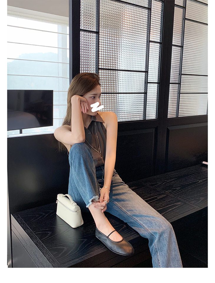 Giày Mary Jane nữ da cừu mềm mũi tròn quai ngang đế phẳng gót thấp — Đốm trắng sữa, điểm đen chi tiết 20