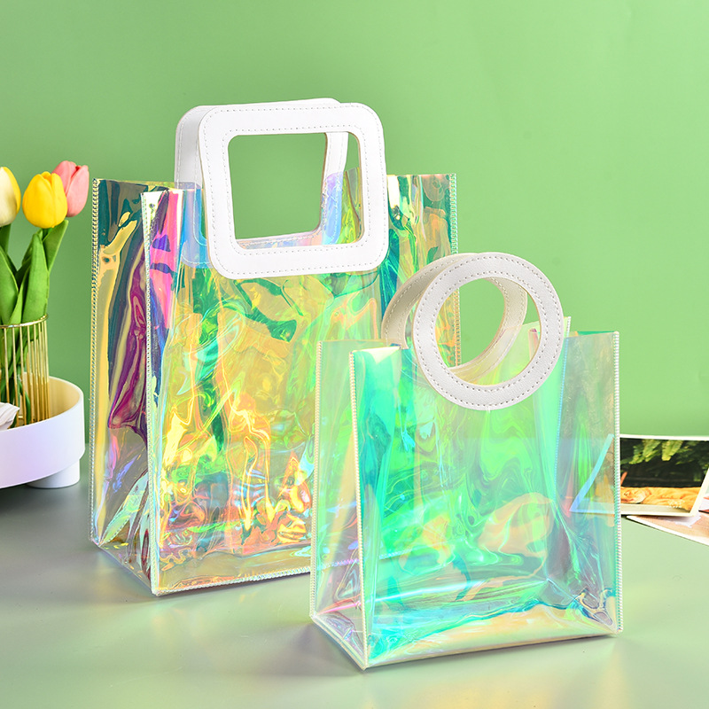 镭射pvc手提袋透明塑料皮革手提pvc袋洗漱收纳袋伴手礼礼品袋批发