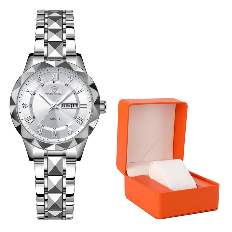 듀얼 캘린더 화이트 표면(스틸 컬러 스트랩) - 오렌지색 선물 상자